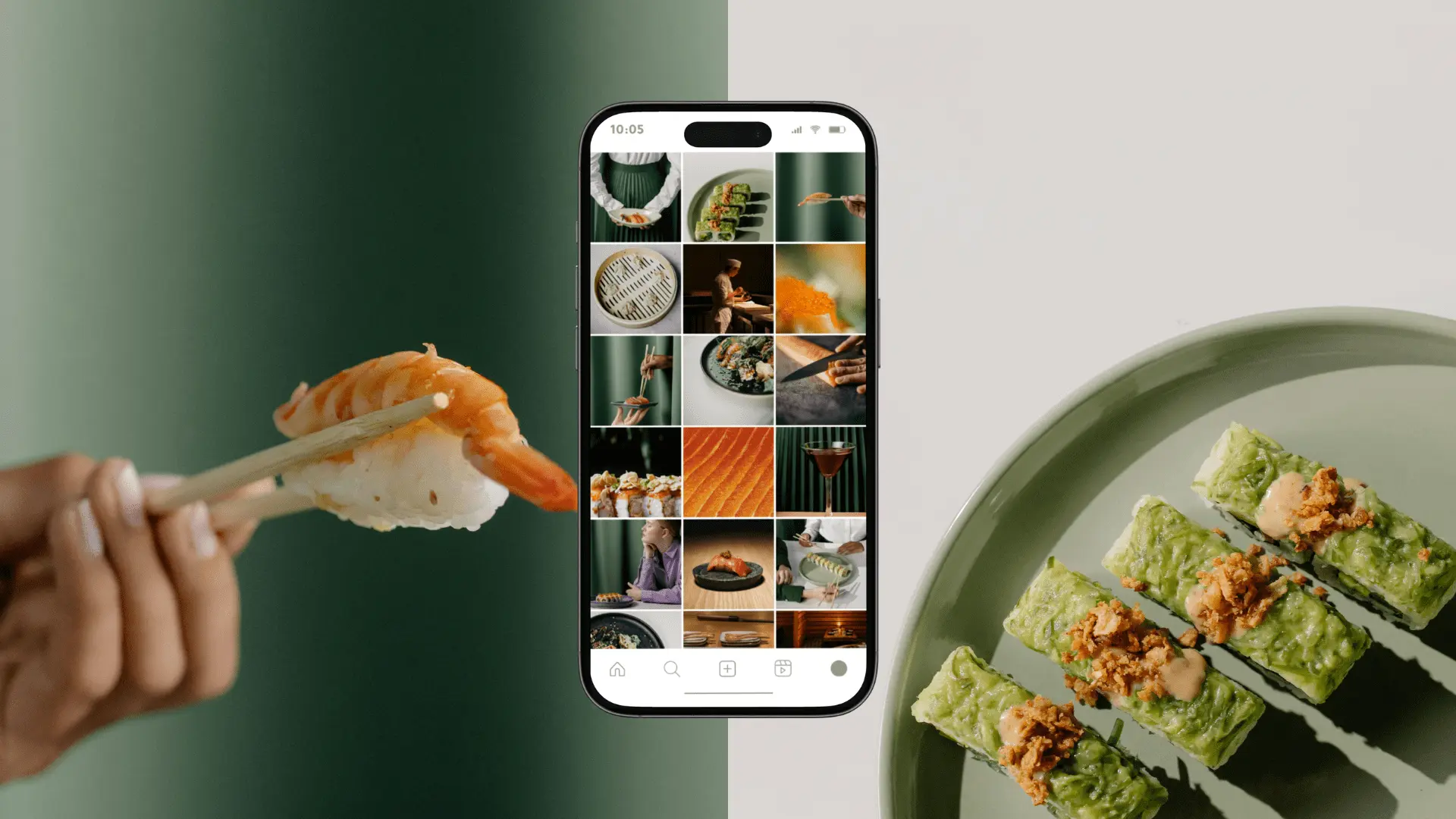 iphone con feed instagram de un restaurante japonés, con imágenes de sushi y sashimi