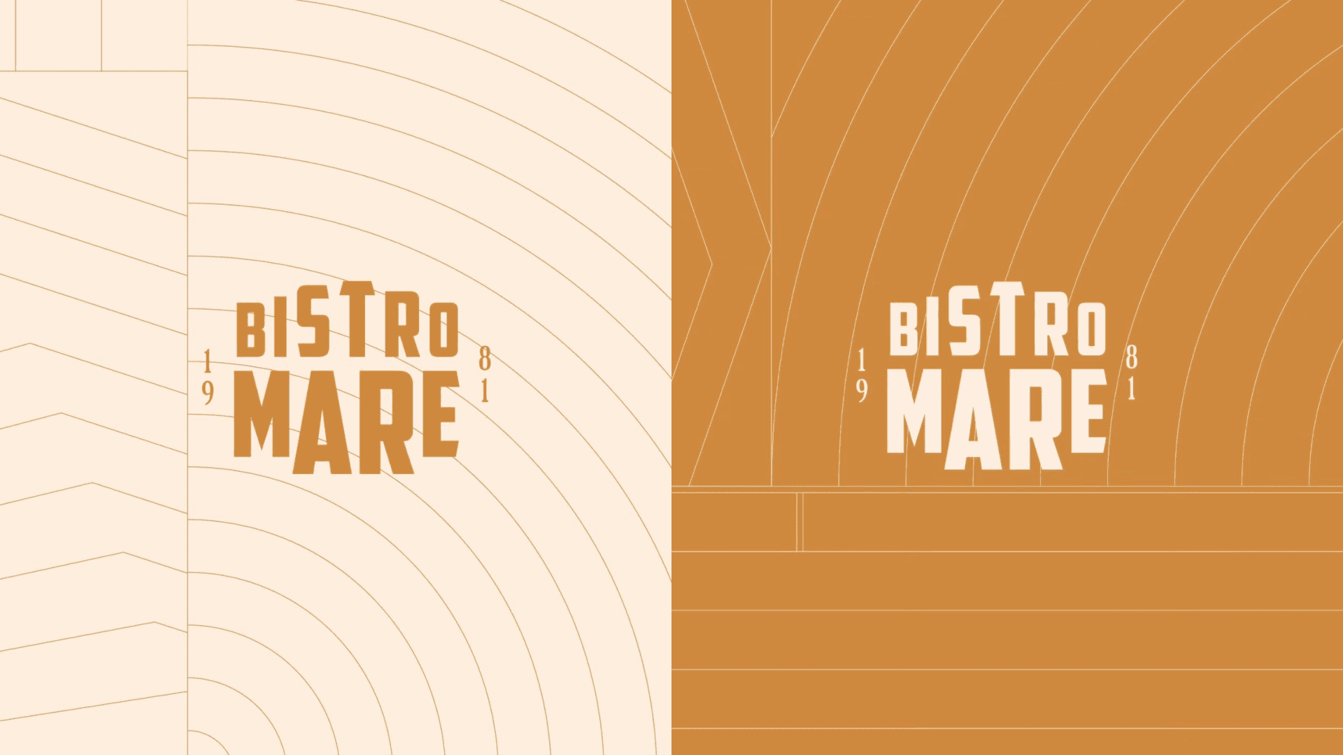 Dos logotipos de Bistro Mare con los colores opuestos, en el primero el fondo es beige y las letras son color caramelo y en el segundo el fondo es color caramelo y las letras beige