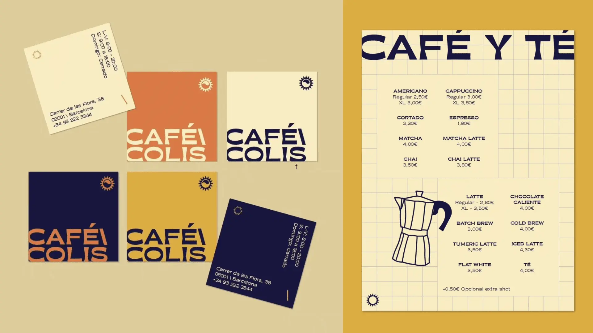 Logotipos de café colis en la parte izquierda, y dos tarjetas con el horario y la dirección y a la derecha una carta de cafés y tés con colores corporativos