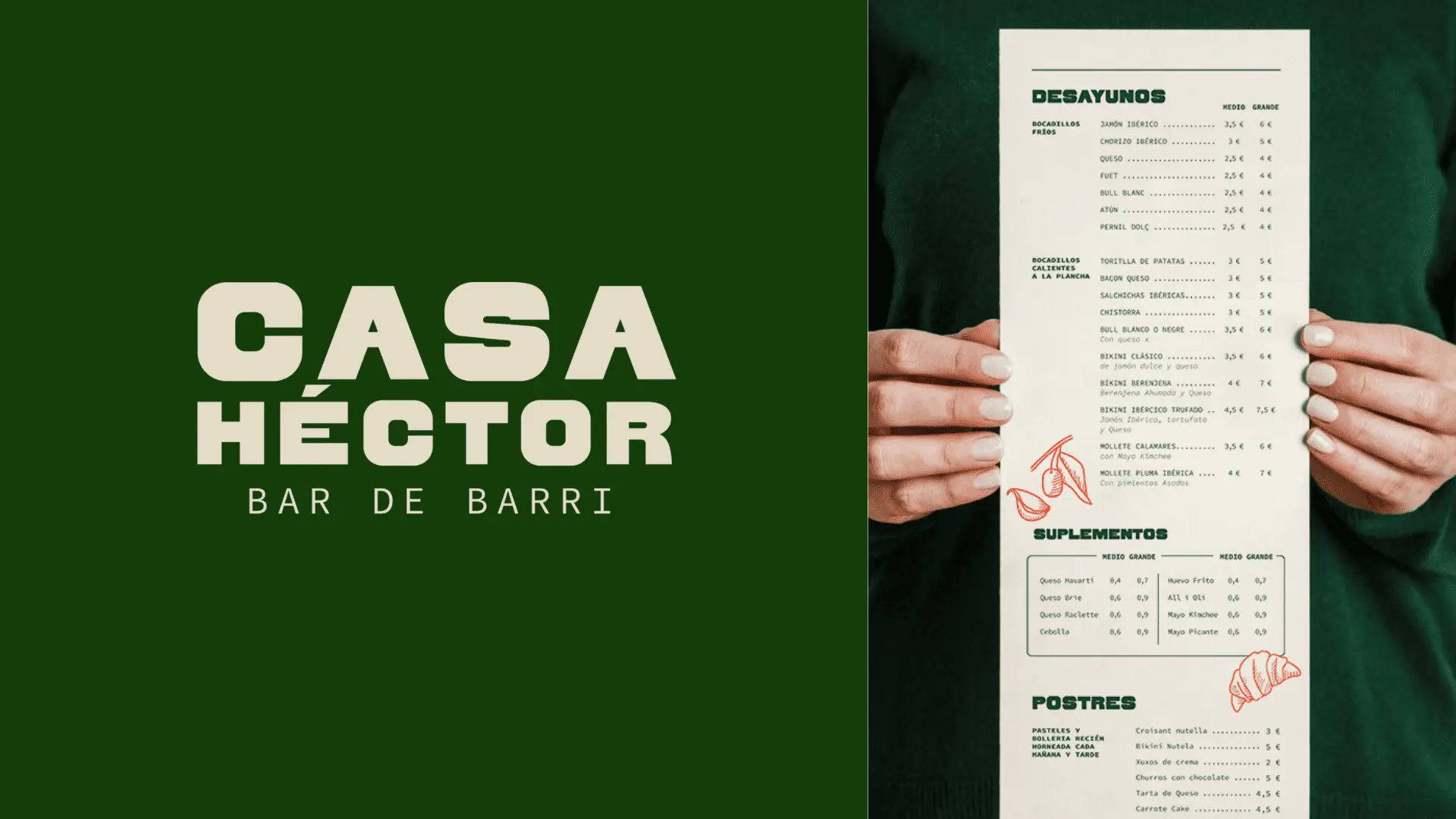 A la izquierda el logotipo de Casa Héctor con fondo verde oliva y letras en beige y a la derecha una carta de desayunos sostenida por dos manos