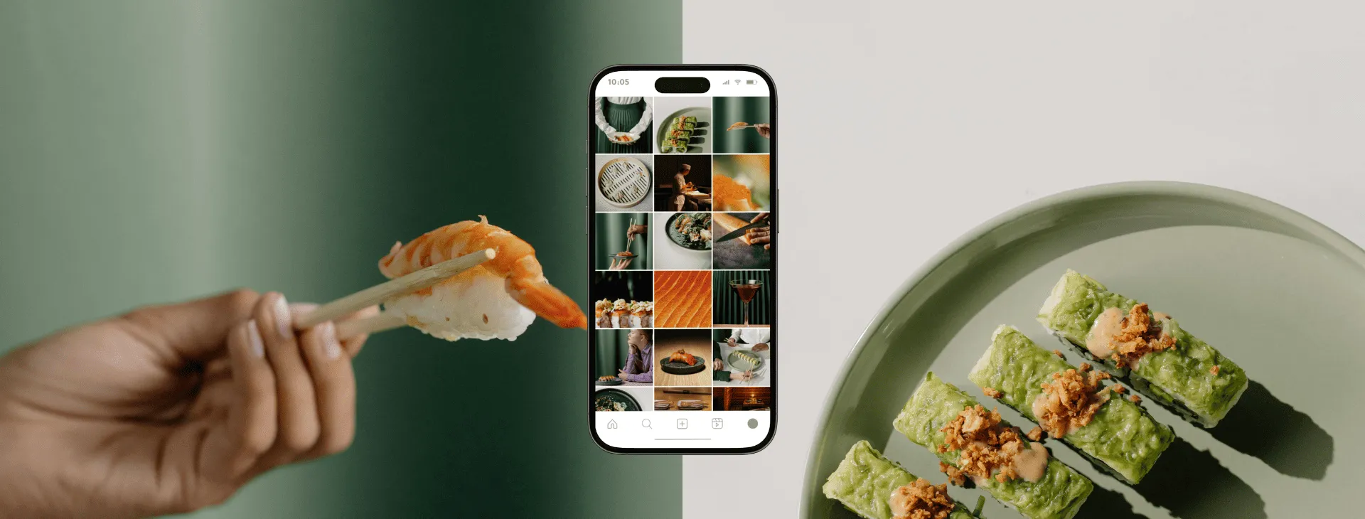 Plato son sushi, manos con palillos sosteniendo sushi y teléfono con fotos de restaurante en redes sociales